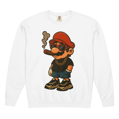 White long-sleeve shirt with a cartoon character smoking a cigar on a white background
