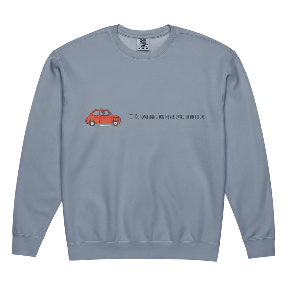 Blue sweatshirt with a red car graphic and text on a white background