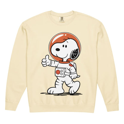 Snoopy in an astronaut suit on a beige sweatshirt