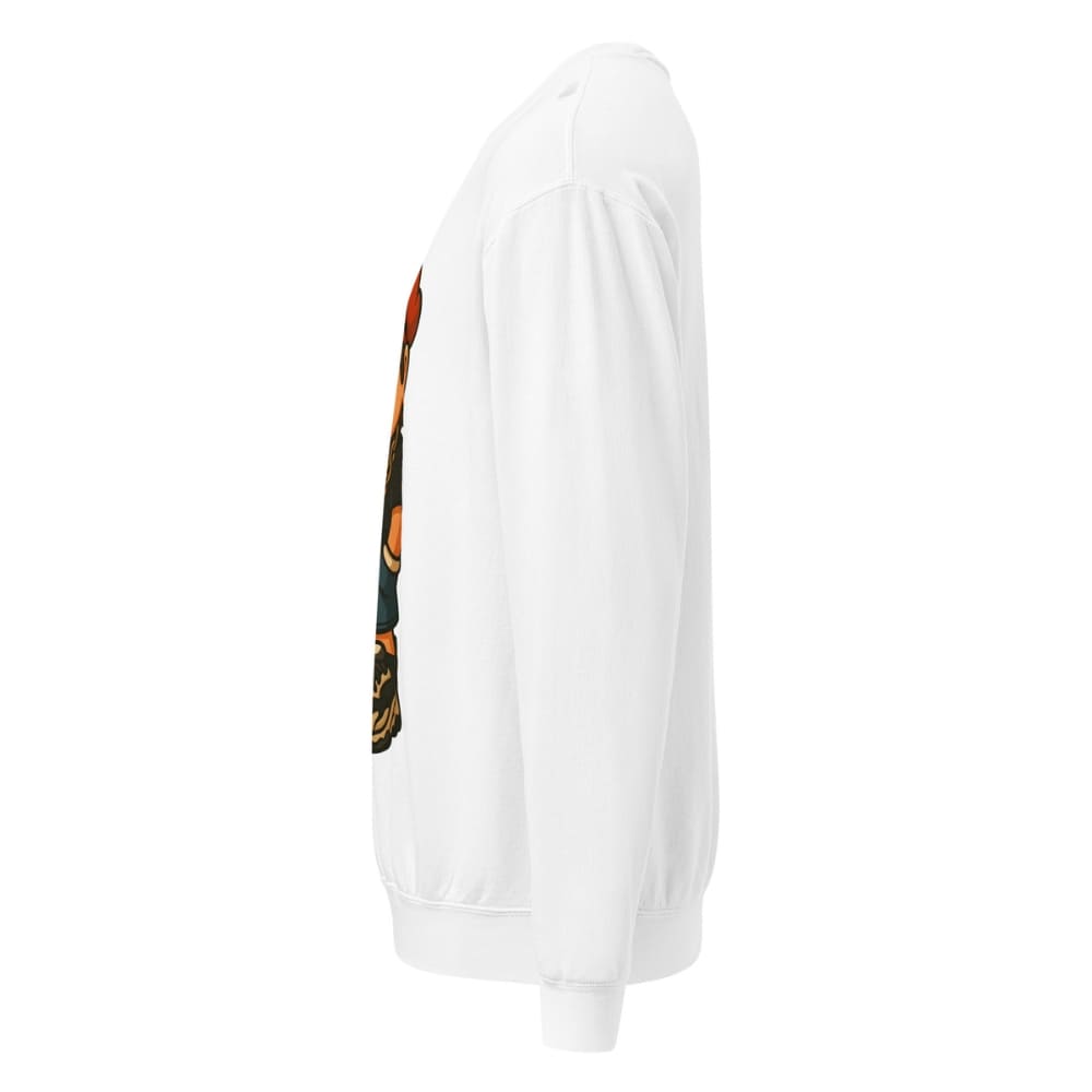 White sweatshirt with colorful graphic on sleeve against a white background