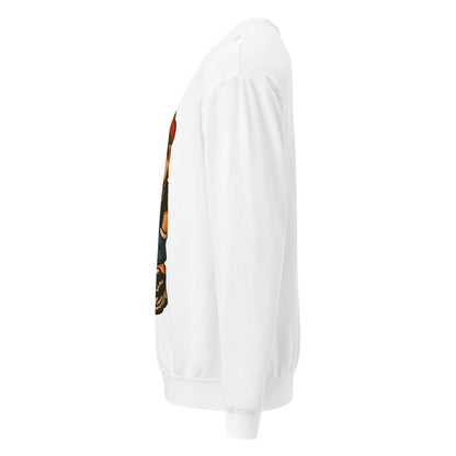 White sweatshirt with colorful graphic on sleeve against a white background