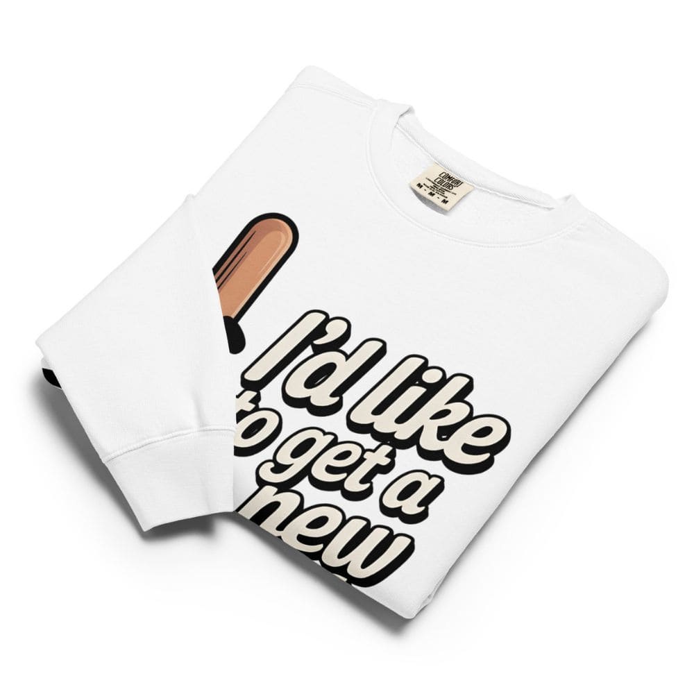 White sweatshirt with a graphic and text on a white background