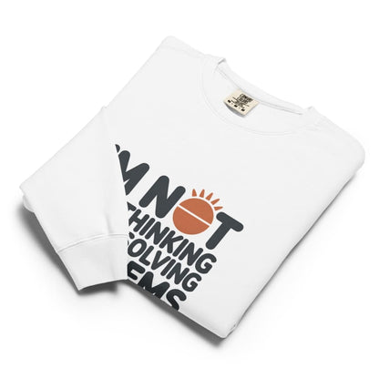 White sweatshirt with text and graphic design on a white background