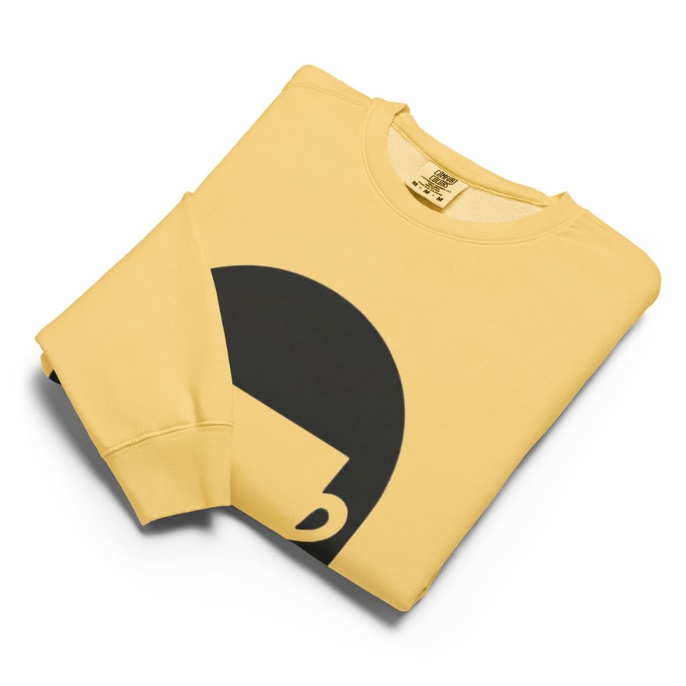 Yellow sweatshirt with a black graphic on a white background
