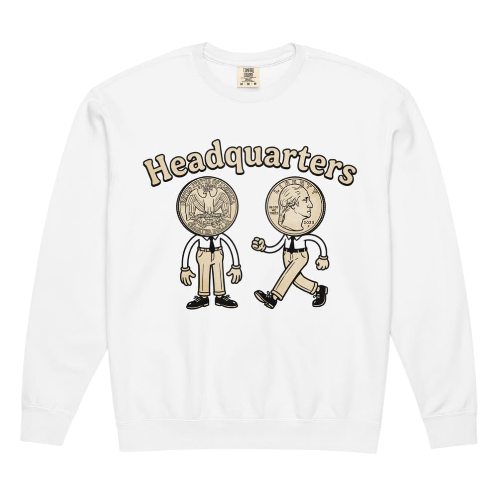 White long-sleeve shirt with cartoon characters and 'Headquarters' text on a white background