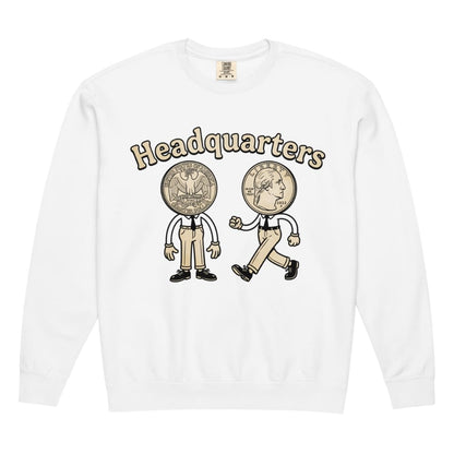 White long-sleeve shirt with cartoon characters and 'Headquarters' text on a white background