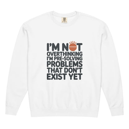 White long-sleeve shirt with humorous text design on a white background