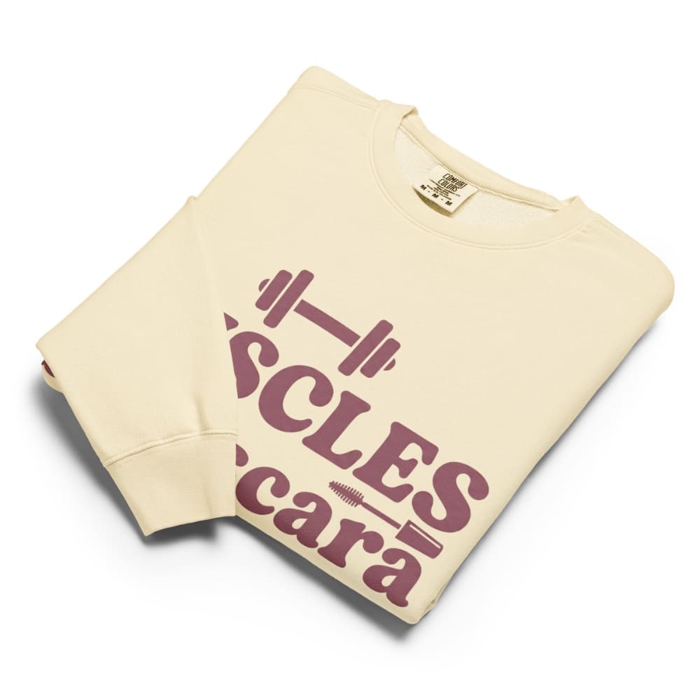 Ivory sweatshirt with maroon text on a white background