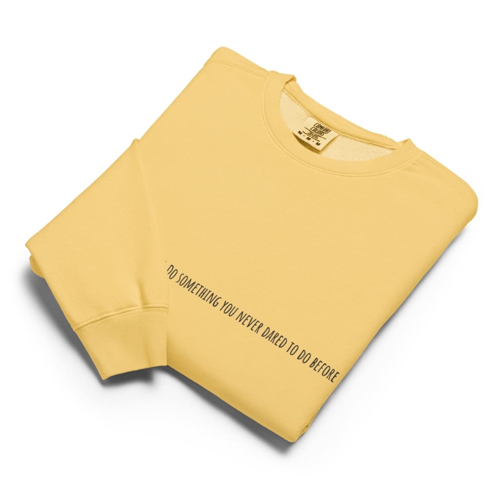 Yellow sweatshirt with text on a white background