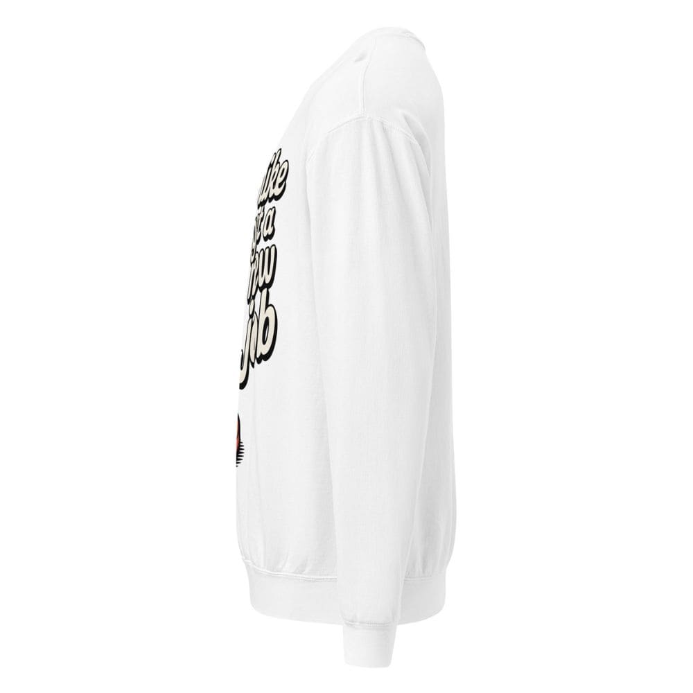 White sweatshirt with text on the sleeve against a white background