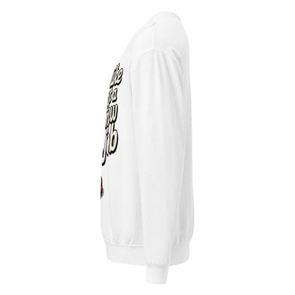 White sweatshirt with text on the sleeve against a white background