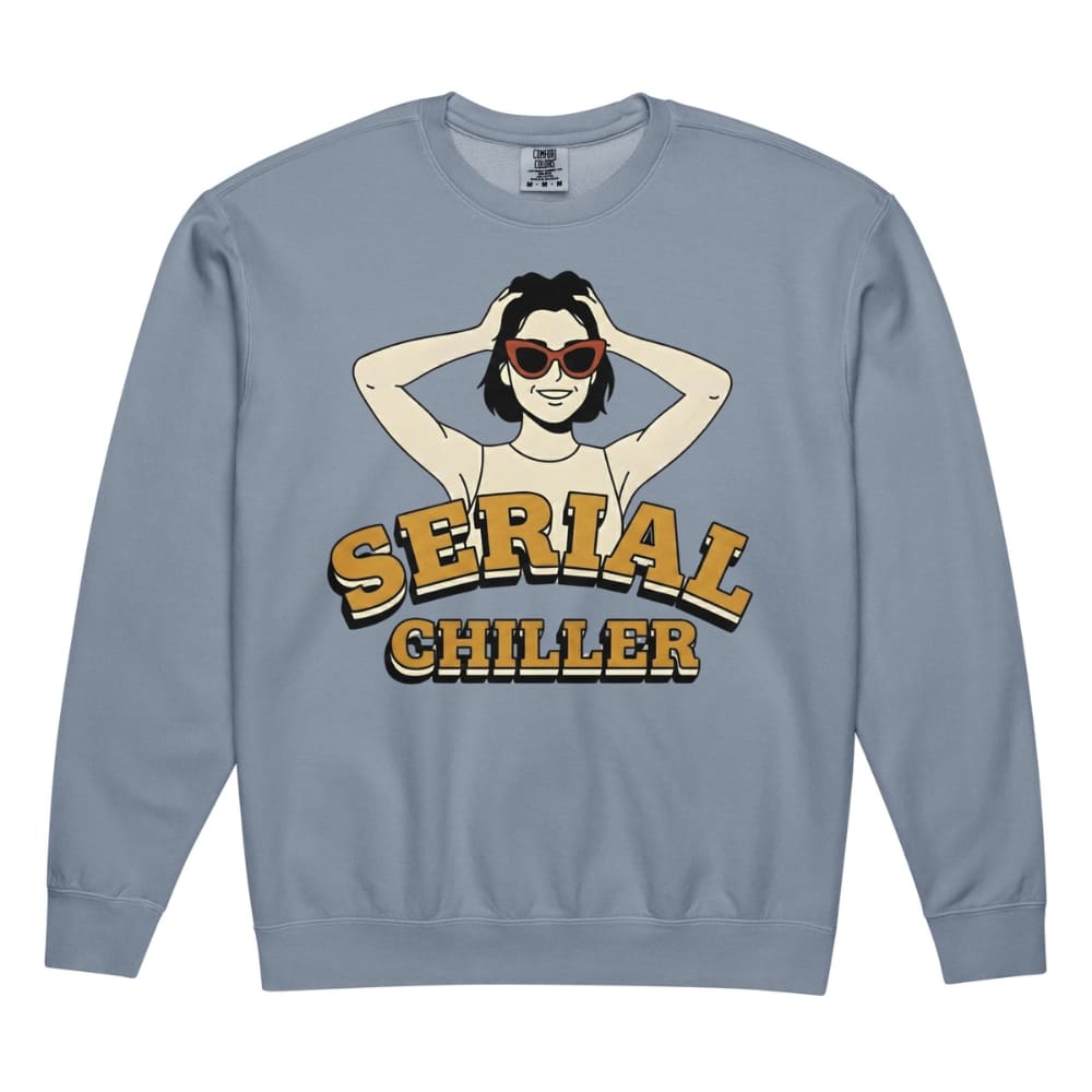Blue sweatshirt with 'Serial Chiller' graphic design on a white background