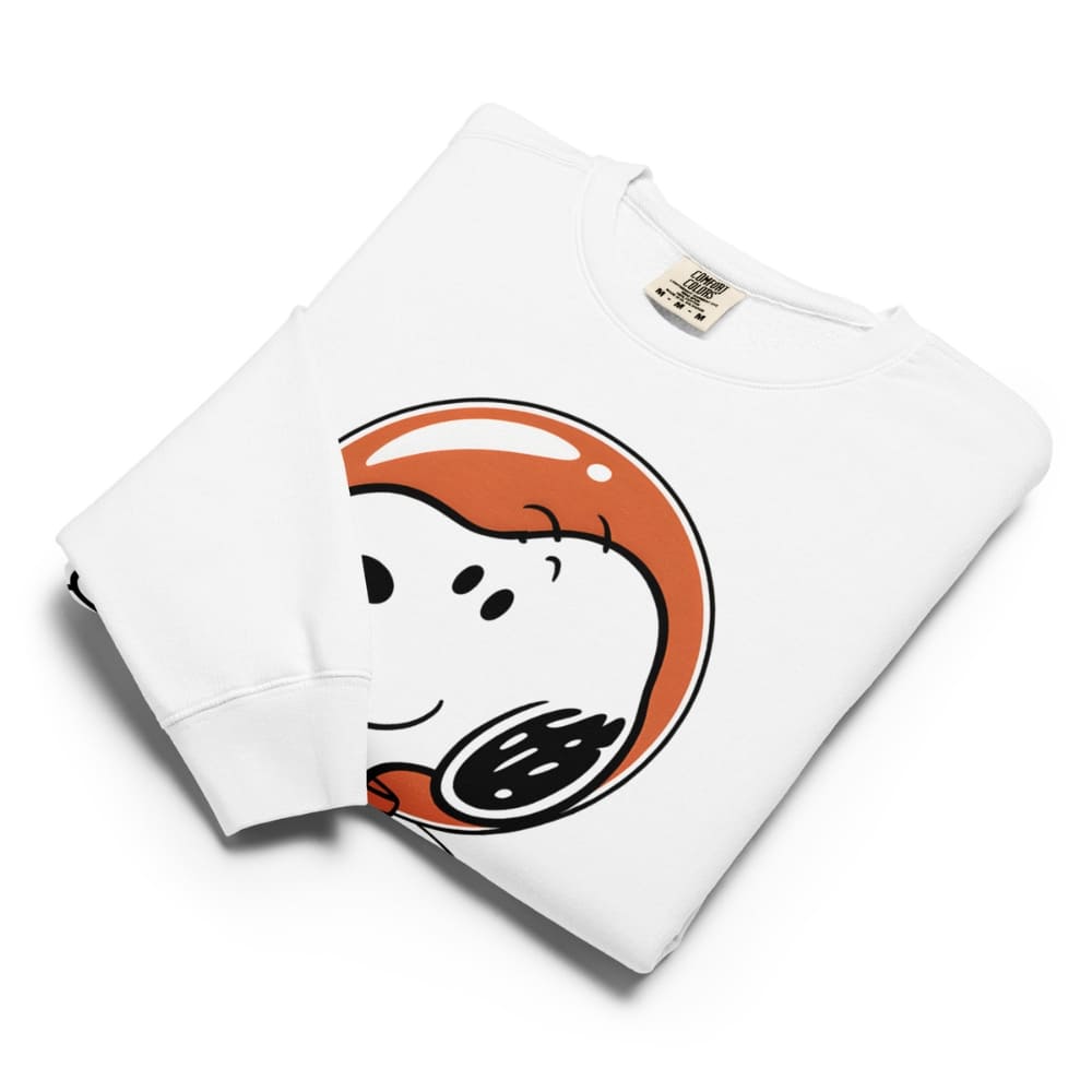 White sweatshirt with a cartoon ghost design on a white background