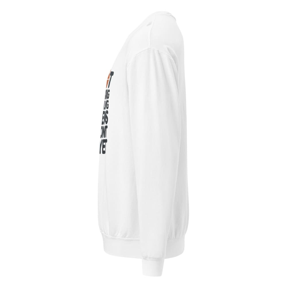 White sweatshirt with text on the sleeve against a white background