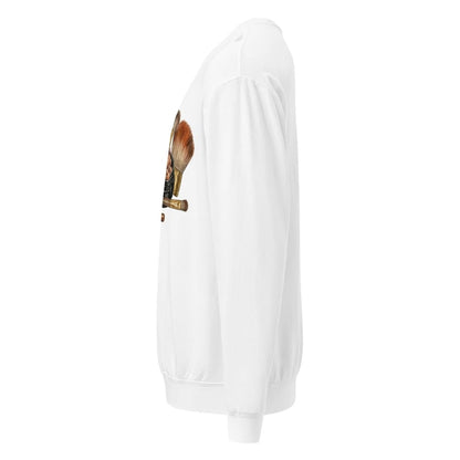 White sweatshirt with a graphic of a fox on the back against a white background