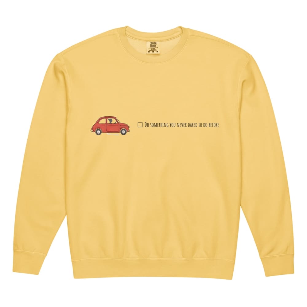 Yellow sweatshirt with a red car graphic and text on a white background