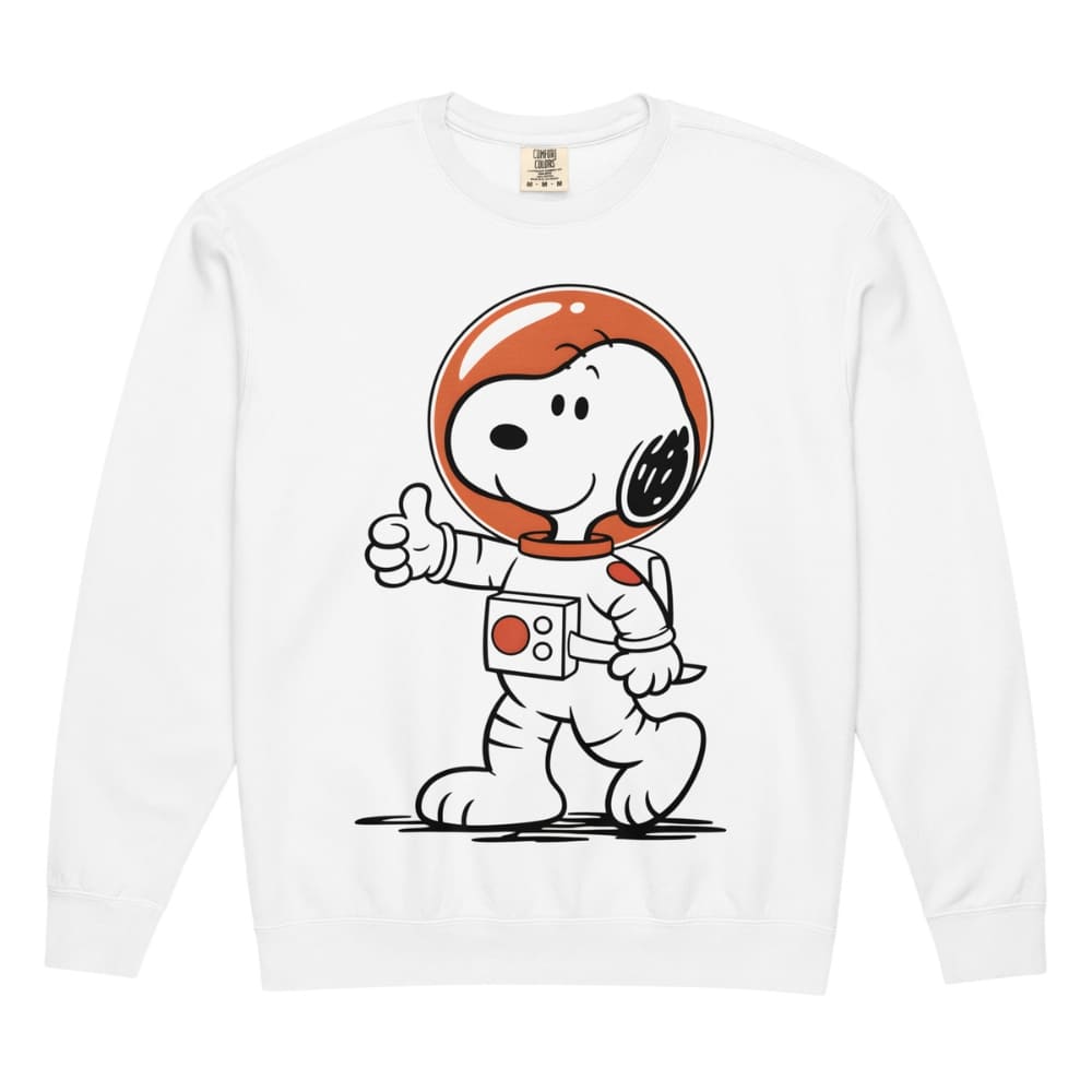 White long-sleeve shirt with Snoopy in an astronaut suit design on a white background