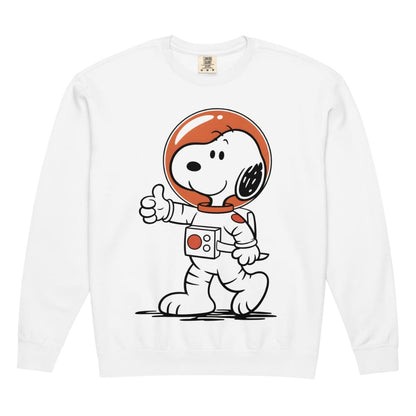 White long-sleeve shirt with Snoopy in an astronaut suit design on a white background
