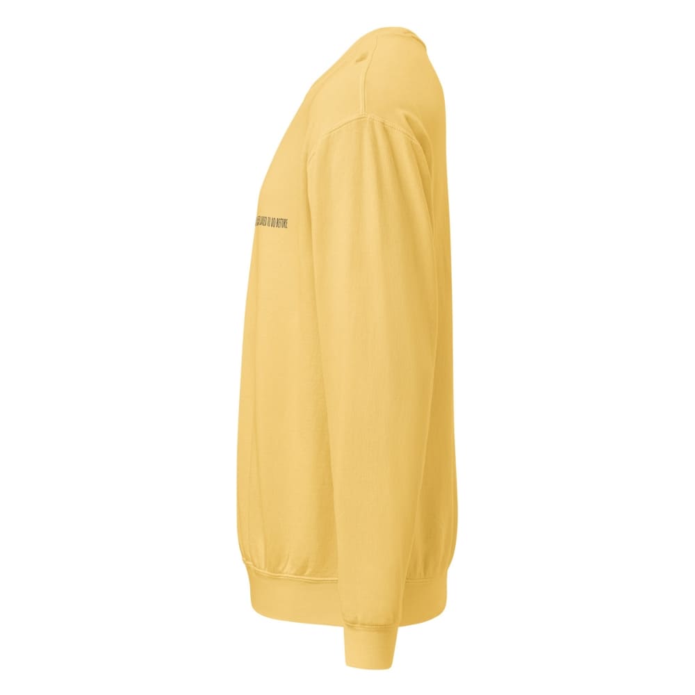 Yellow sweatshirt with a brand logo on the sleeve against a white background