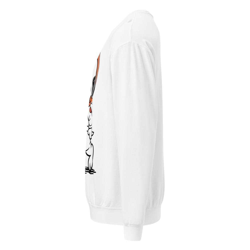 White sweatshirt with a graphic design on the sleeve against a white background