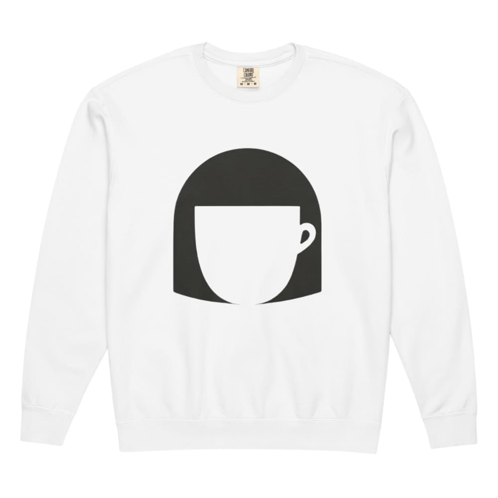 White long-sleeve shirt with a black coffee cup graphic on a white background