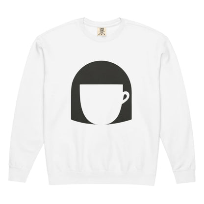 White long-sleeve shirt with a black coffee cup graphic on a white background