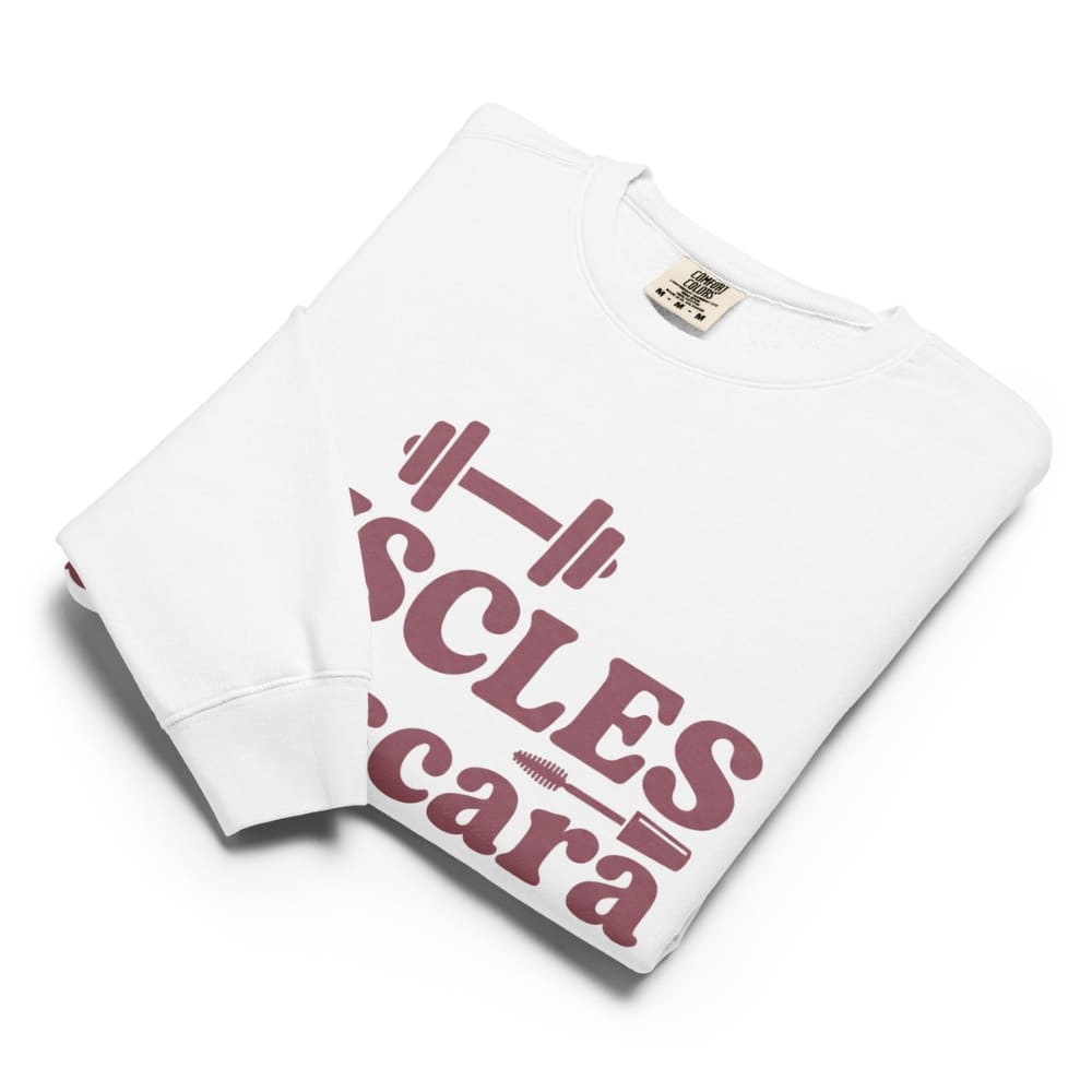 White sweatshirt with pink text on a white background
