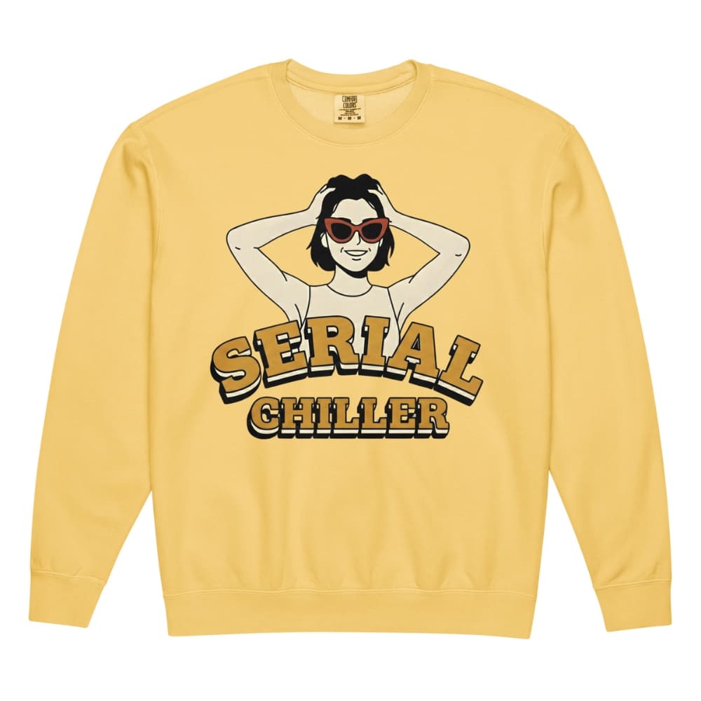 Yellow sweatshirt with graphic design and text 'Serial Chiller' on a white background