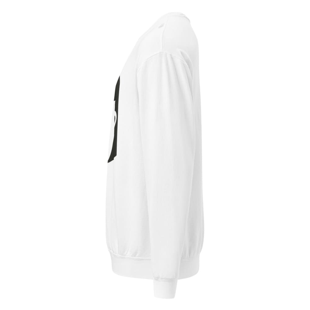 White sweatshirt with black logo on a white background