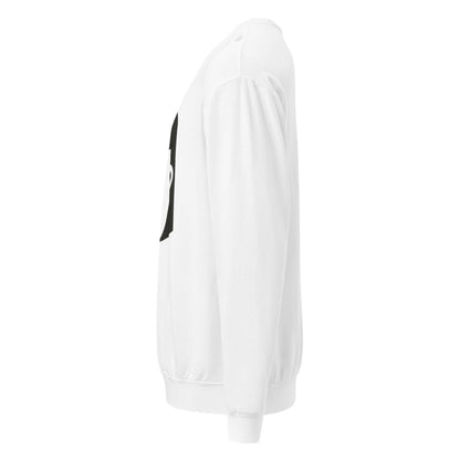 White sweatshirt with black logo on a white background