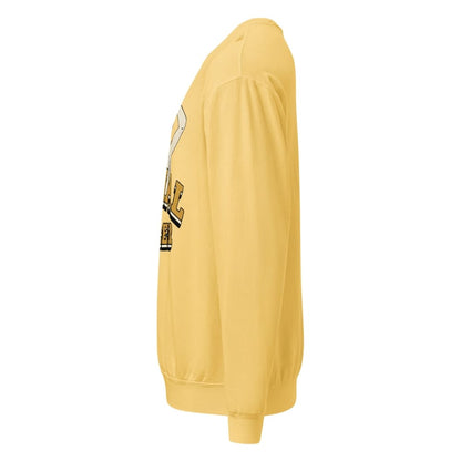Yellow sweatshirt with branding on a white background