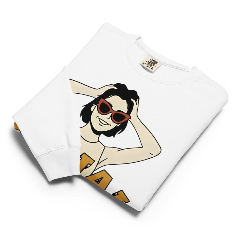 White sweatshirt with a graphic design of a person wearing sunglasses and a hat on a white background