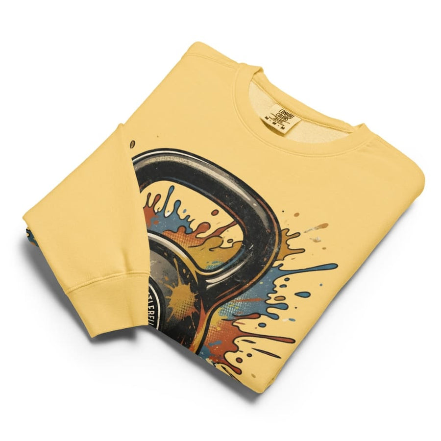 Yellow sweatshirt with a graphic design on a white background
