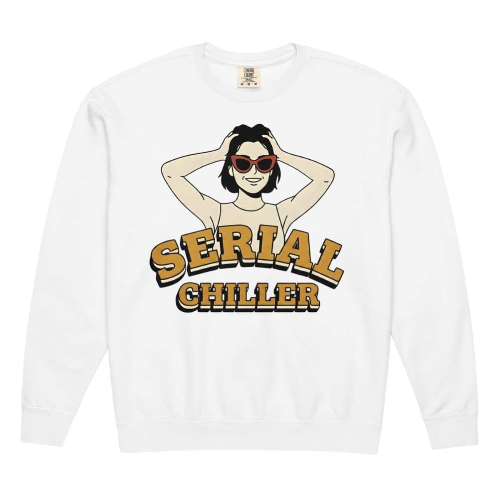 White long-sleeve shirt with graphic design of a woman and 'Serial Chiller' text on a white background