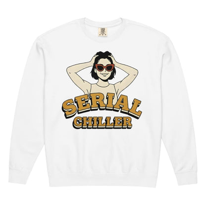 White long-sleeve shirt with graphic design of a woman and 'Serial Chiller' text on a white background