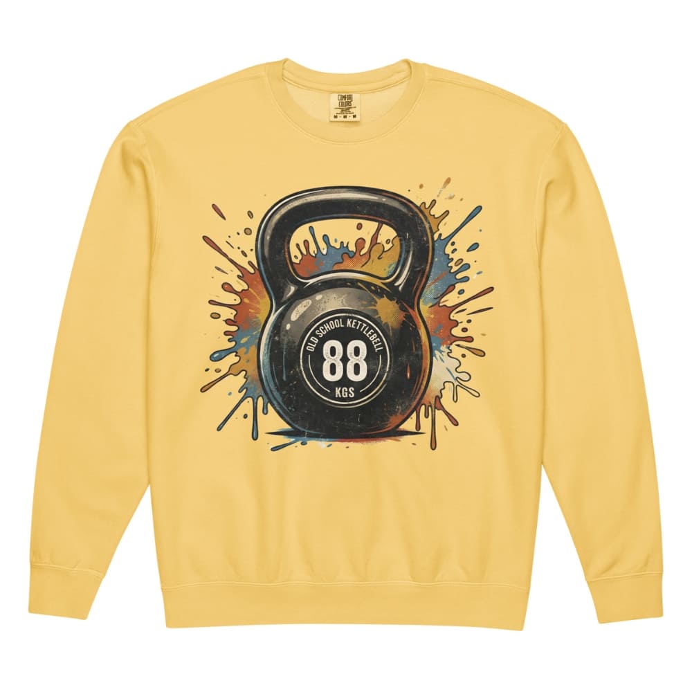 Yellow sweatshirt with a kettlebell graphic on a white background