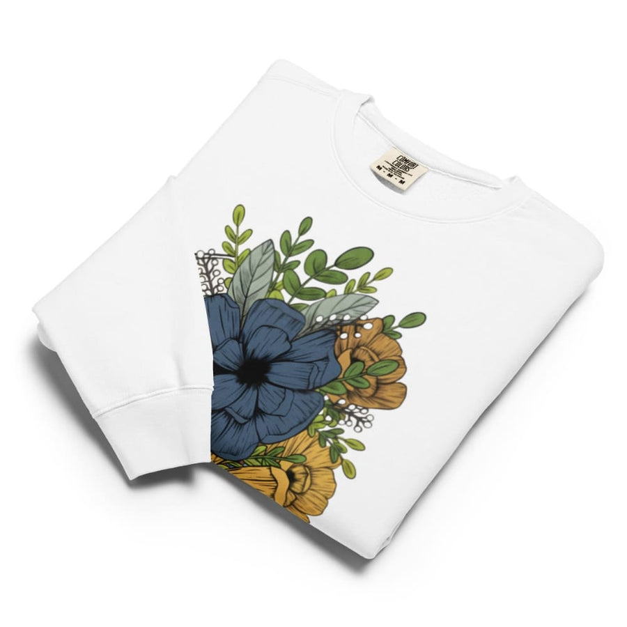White sweatshirt with floral design on a white background