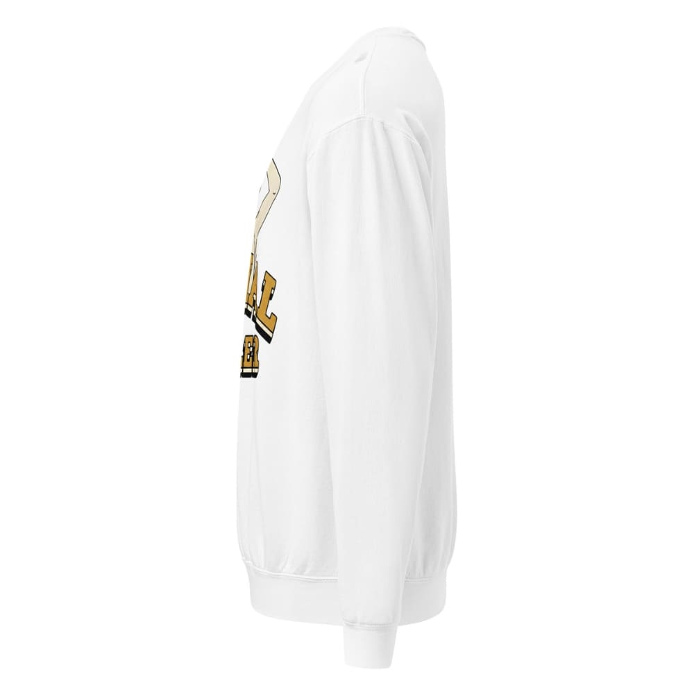 White sweatshirt with gold and black text on a white background