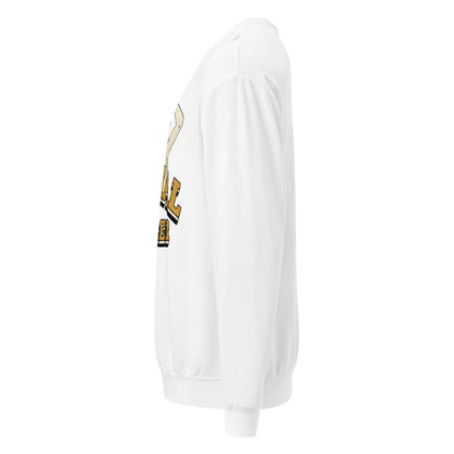 White sweatshirt with gold and black text on a white background