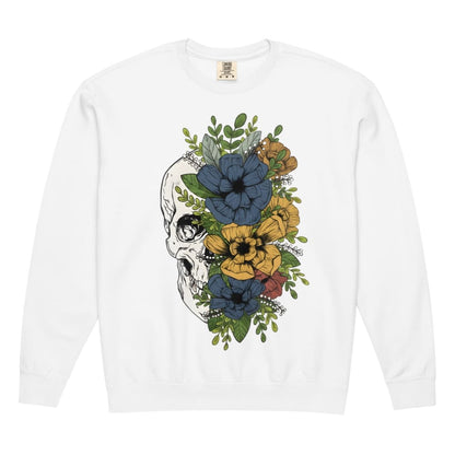 White long-sleeve shirt with a skull and floral design on a white background