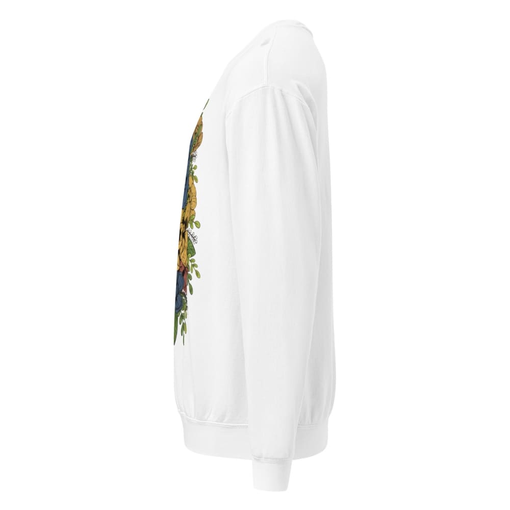 White sweatshirt with colorful graphic on the sleeve against a white background