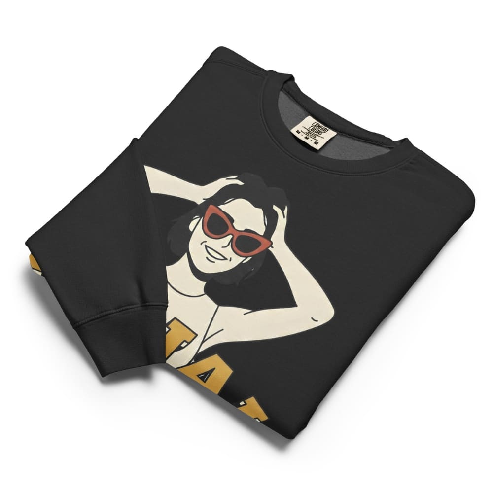 Black sweatshirt with a graphic design of a person wearing sunglasses on a white background