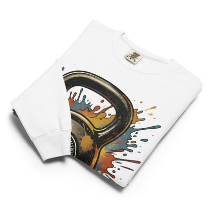 White sweatshirt with a colorful graphic design on a white background