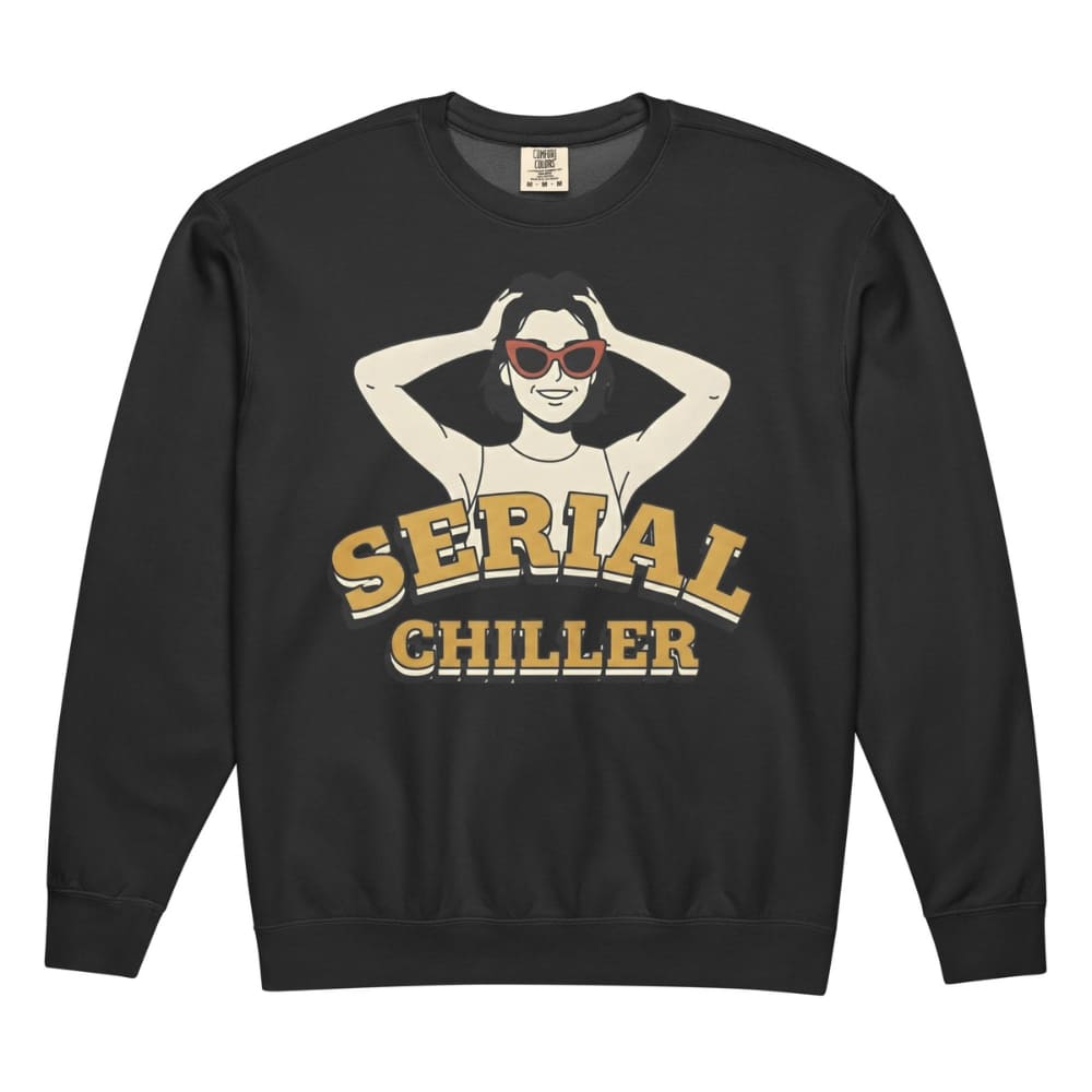Black sweatshirt with graphic design and text 'Serial Chiller' on a white background