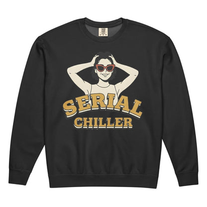 Black sweatshirt with graphic design and text 'Serial Chiller' on a white background