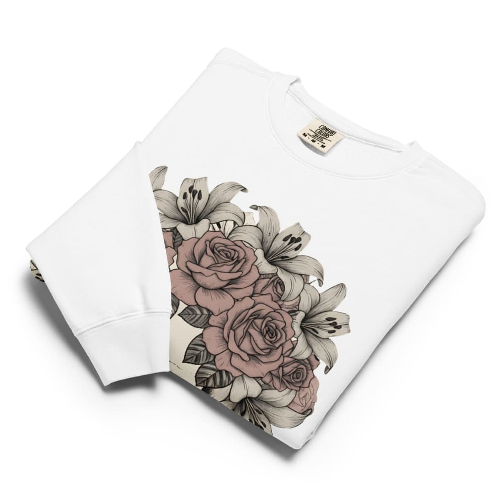 Floral design on a white surface with a visible brand logo.