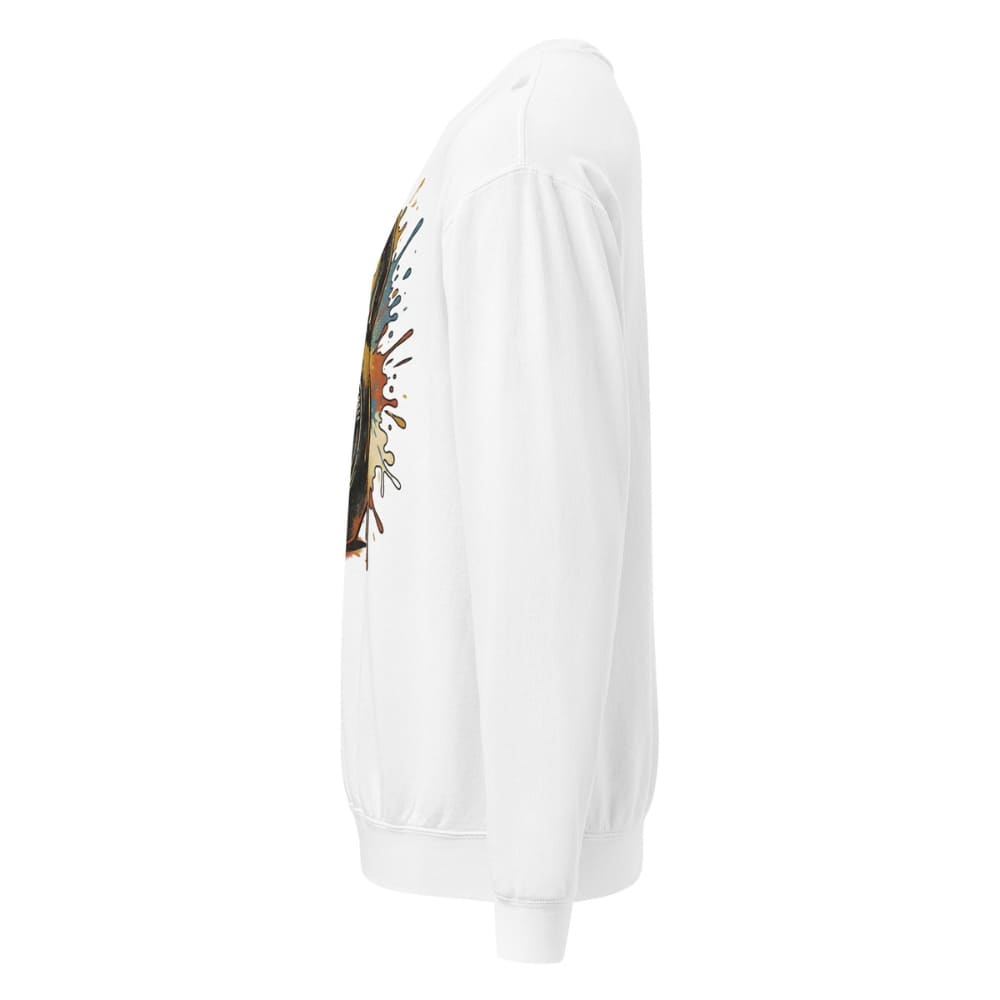 White sweatshirt with a colorful graphic on the sleeve against a white background