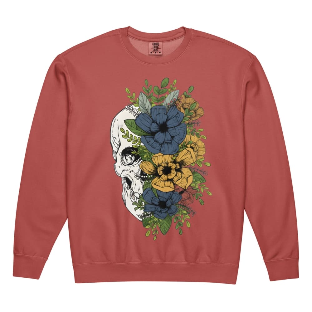 Red sweatshirt with a skull and floral design on a white background