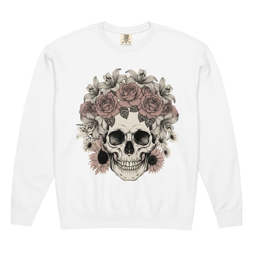 White sweatshirt with a skull and floral design on a white background