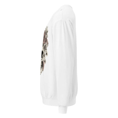 White sweatshirt with a graphic design on the sleeve against a white background